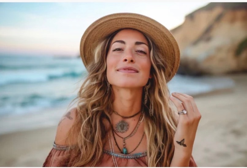 Beach portrait with straw hat